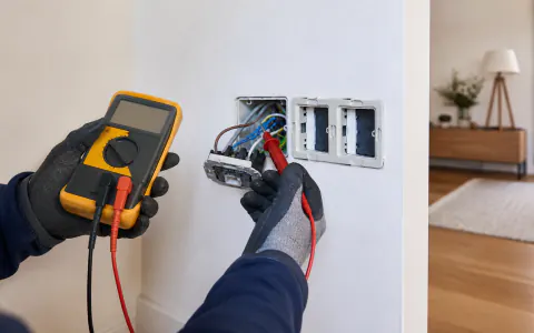 Elektrik arızasında ölçüm yapan eldivenli elektrikçi