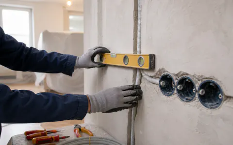 Elektrik tadilatında boru ve priz noktalarını ölçen elektrikçi