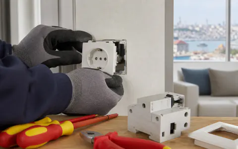 Schuko priz montajı yapan eldivenli elektrikçi